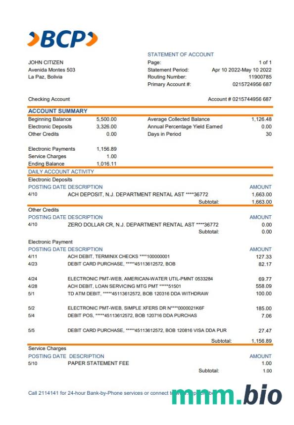 Bolivia banco de crédito de bolivia wzór wyciągu bankowego w formacie Word i PDF format